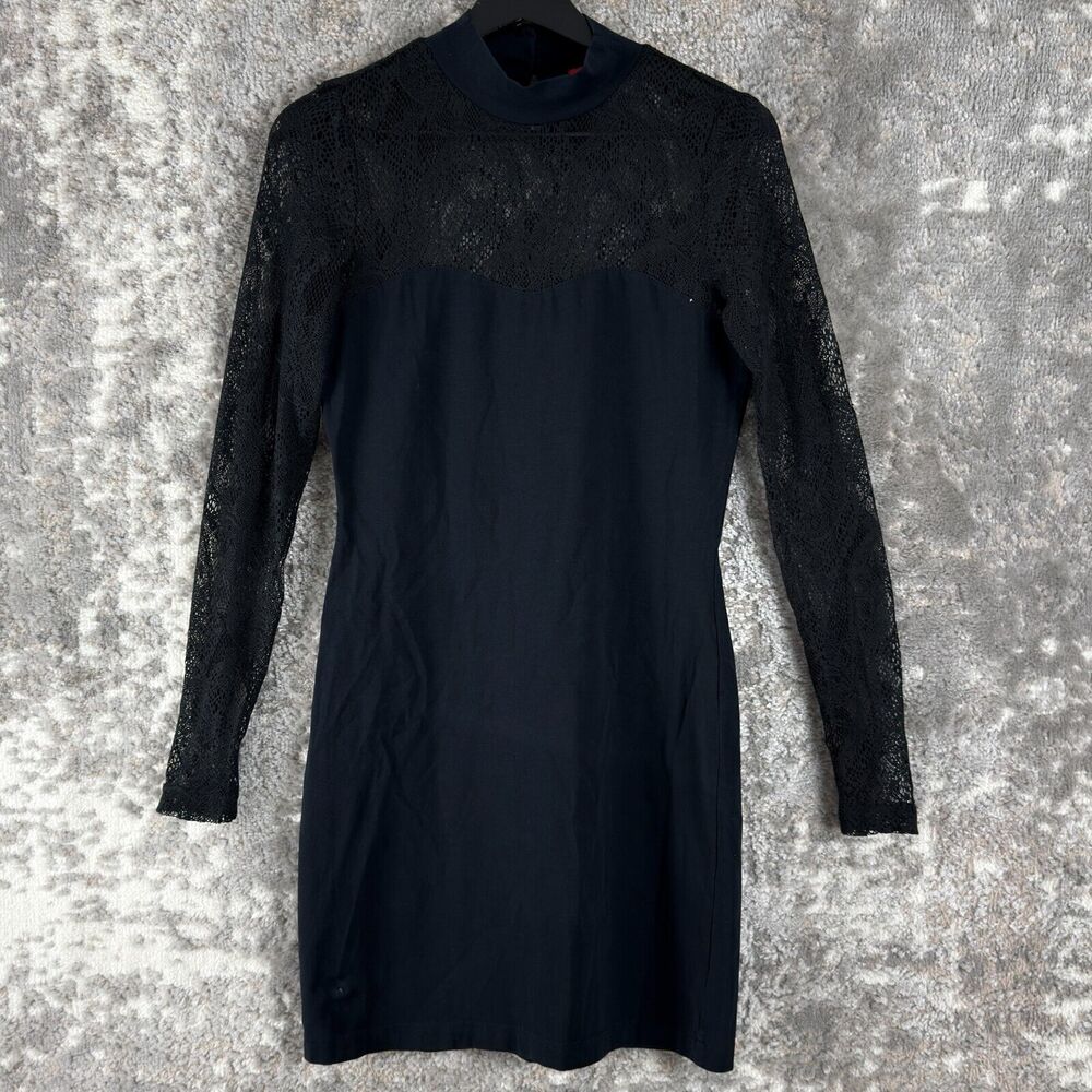 EDC Size S Mesh Keyhole Mock Neck Mini Sheath Dress Navy Long Sleeve Button‎